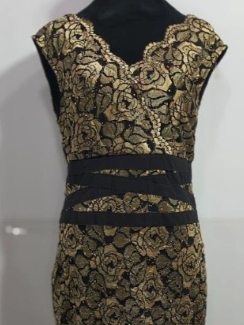 Candalite Banded Gold & Black Floral V-Neck Strait Line Midi Dress Women's L NWT